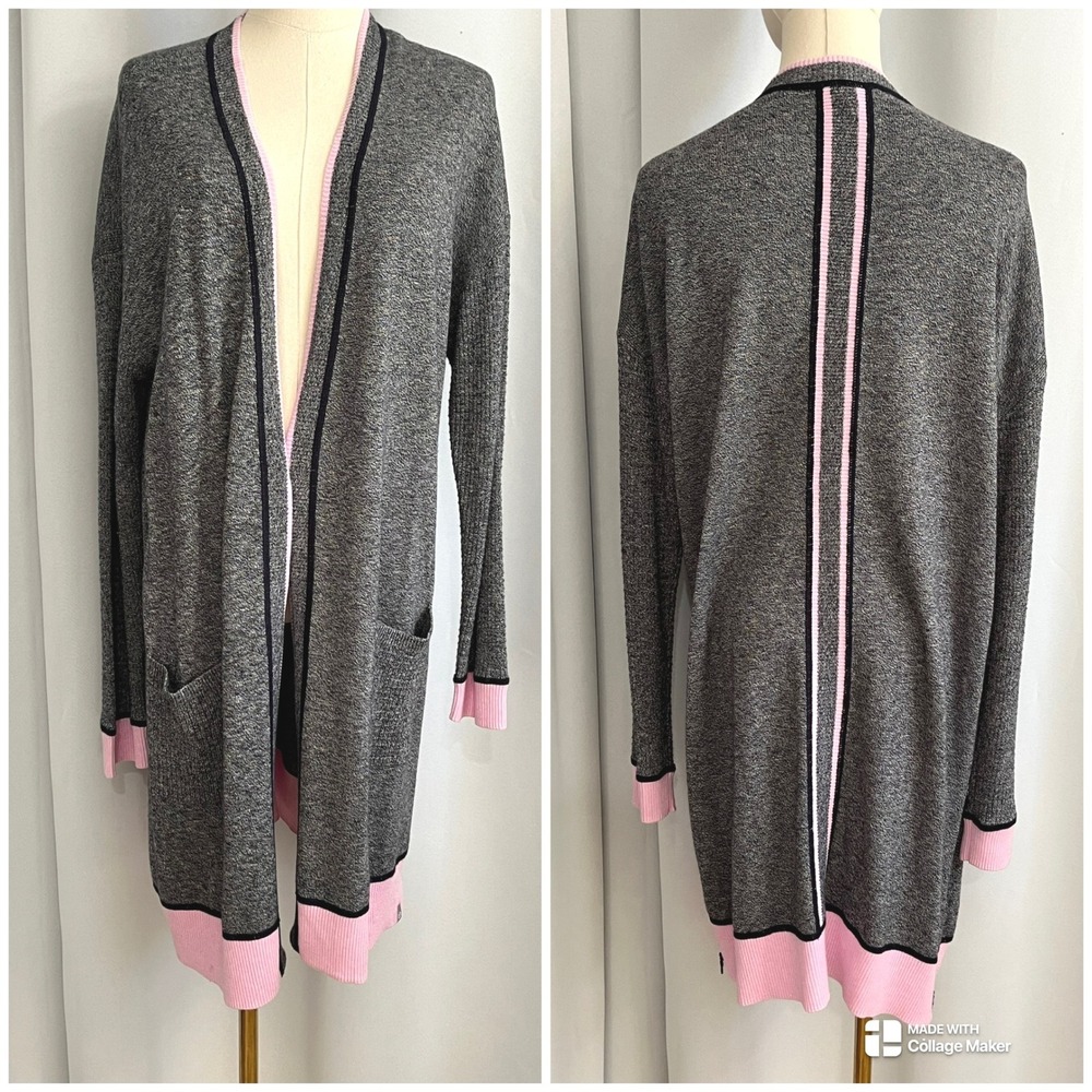 T by Talbots Cardigan‎ Women Large Gray Pink Trim Open Front Longline Loungewear - Picture 2 of 11
